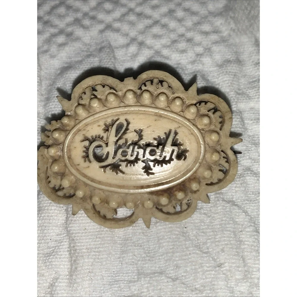 Antique Victorian Hand Carved Bovine Bone name brooch‎ Pin - Sarah